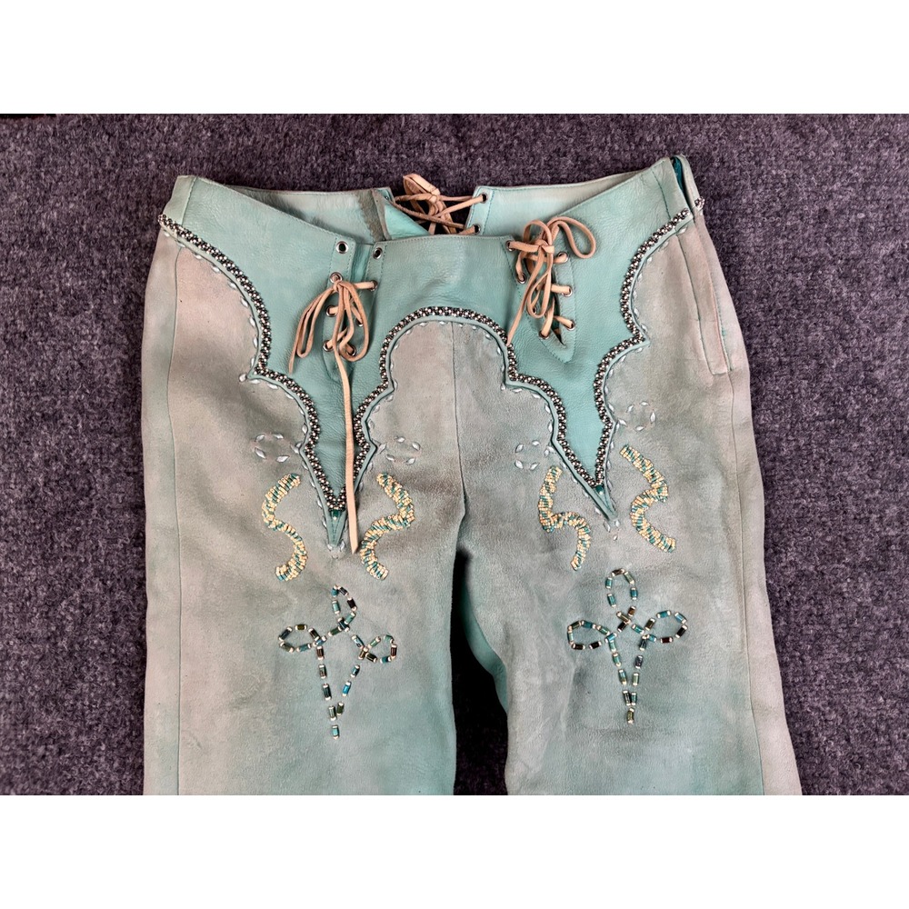 Vintage Western Suede Leather Pants Beaded Lace Up Turquoise OOAK Couture Rare - Picture 16 of 16